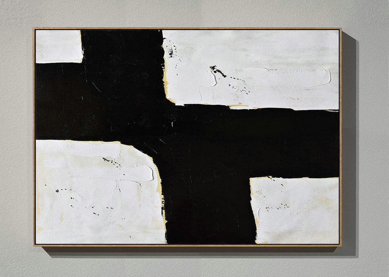 Large Wall Canvas,Horizontal Palette Knife Minimal Canvas Art Painting Black White Beige - Original Abstract Painting Canvas Art